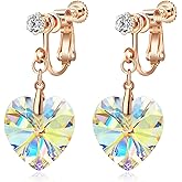 Austrian Crystal Heart Drop Clip On Dangle Earrings for Women Non Pierced 14K Rose Gold Plated Hypoallergenic Jewelry
