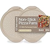 Bakken Pizza Baking Pan - Round Perforated Carbon Steel Pan with Non-Stick Marble Coating, Oversized Silicone Handle, Dishwasher Safe, High-Temperature Resistant, Durable & Easy Cleanup White, 2 Pack