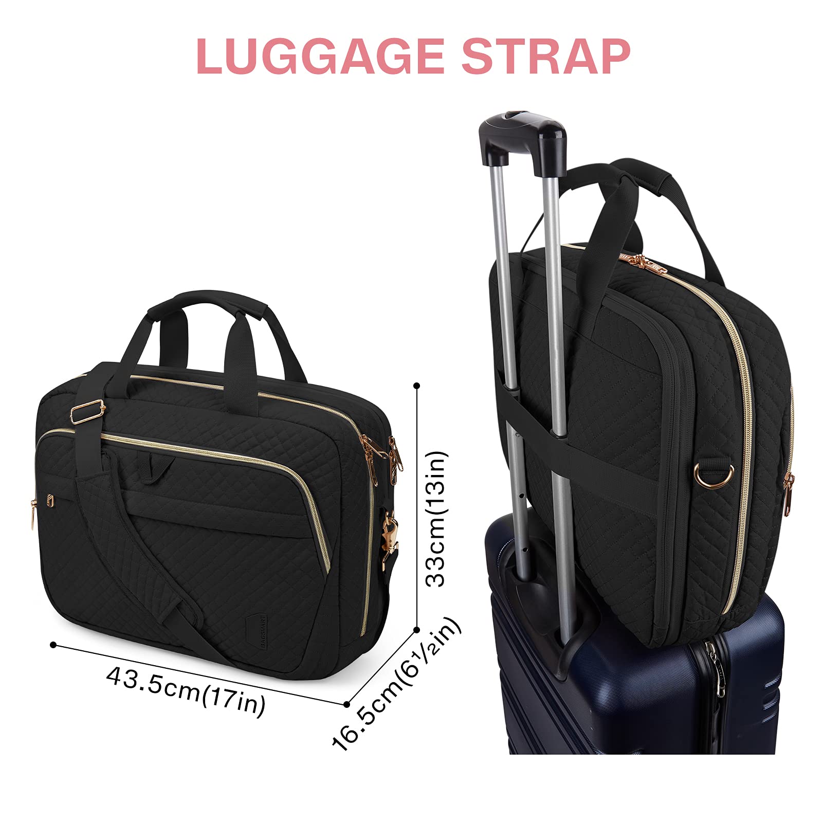 BAGSMART 17.3 Inch Laptop Bag Expandable Briefcase for Women Large Computer Bag for Business Office Travel, Quilted Black