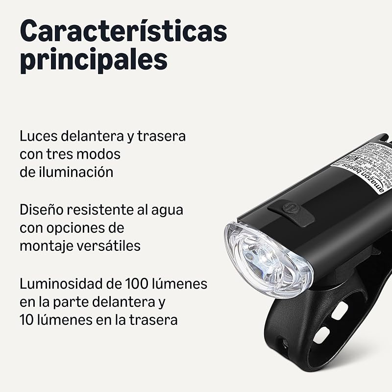 Set de Luces LED para Bicicleta con Faro 100 Lúmenes y Luz Trasera 10 Lúmenes - Luces de Bici Impermeables 3 Modos con Soportes - Pilas Incluidas - Negro y Rojo