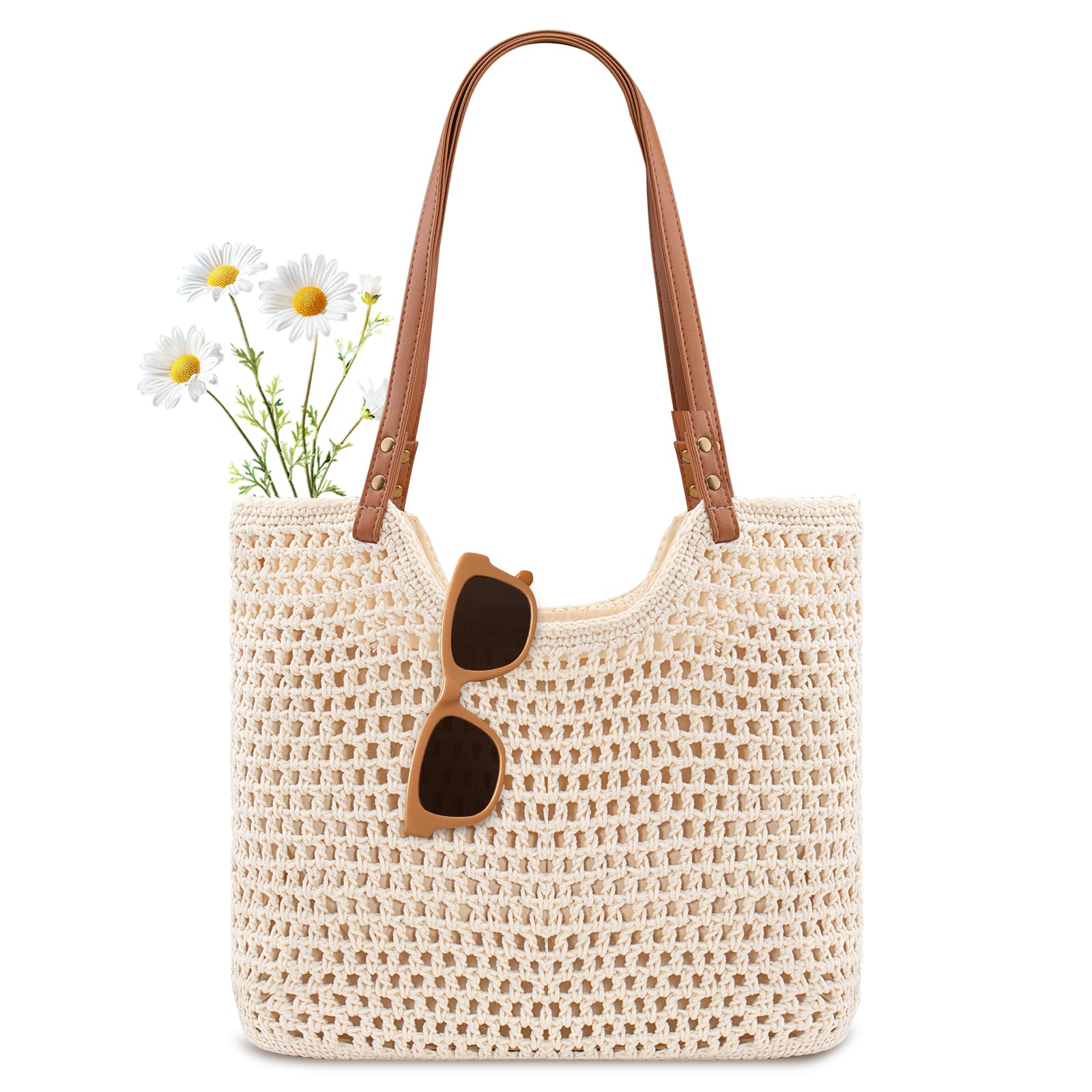 Photo 1 of Peicees Crochet Beach Bag For Women Summer Tote Bag Boho Shoulder Bag With Leak-Proof Lining for Vacation Travel Woven Purse