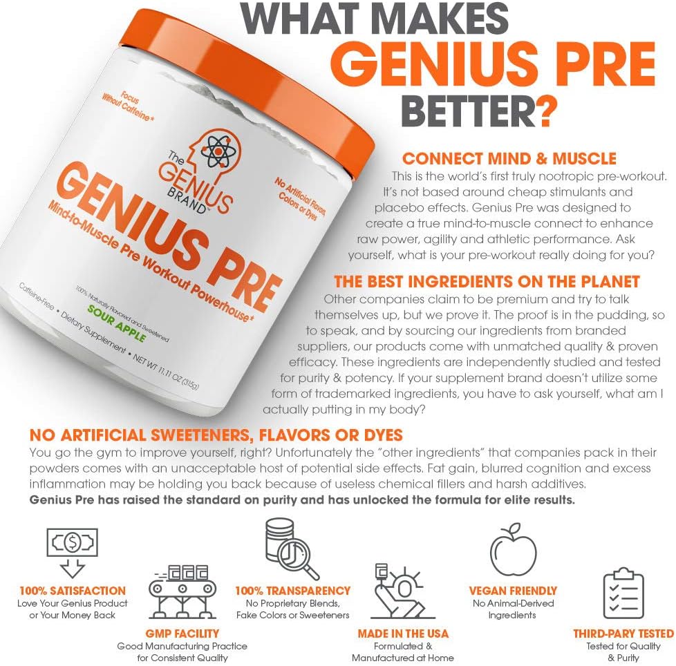 Genius Pre Workout Powder – All Natural Nootropic Preworkout & Caffeine Free Nitric Oxide Booster w/Beta Alanine & Alpha GPC | Boost Focus, Energy & NO | Muscle Builder Supplement – Essential Herbs: Health & Personal Care