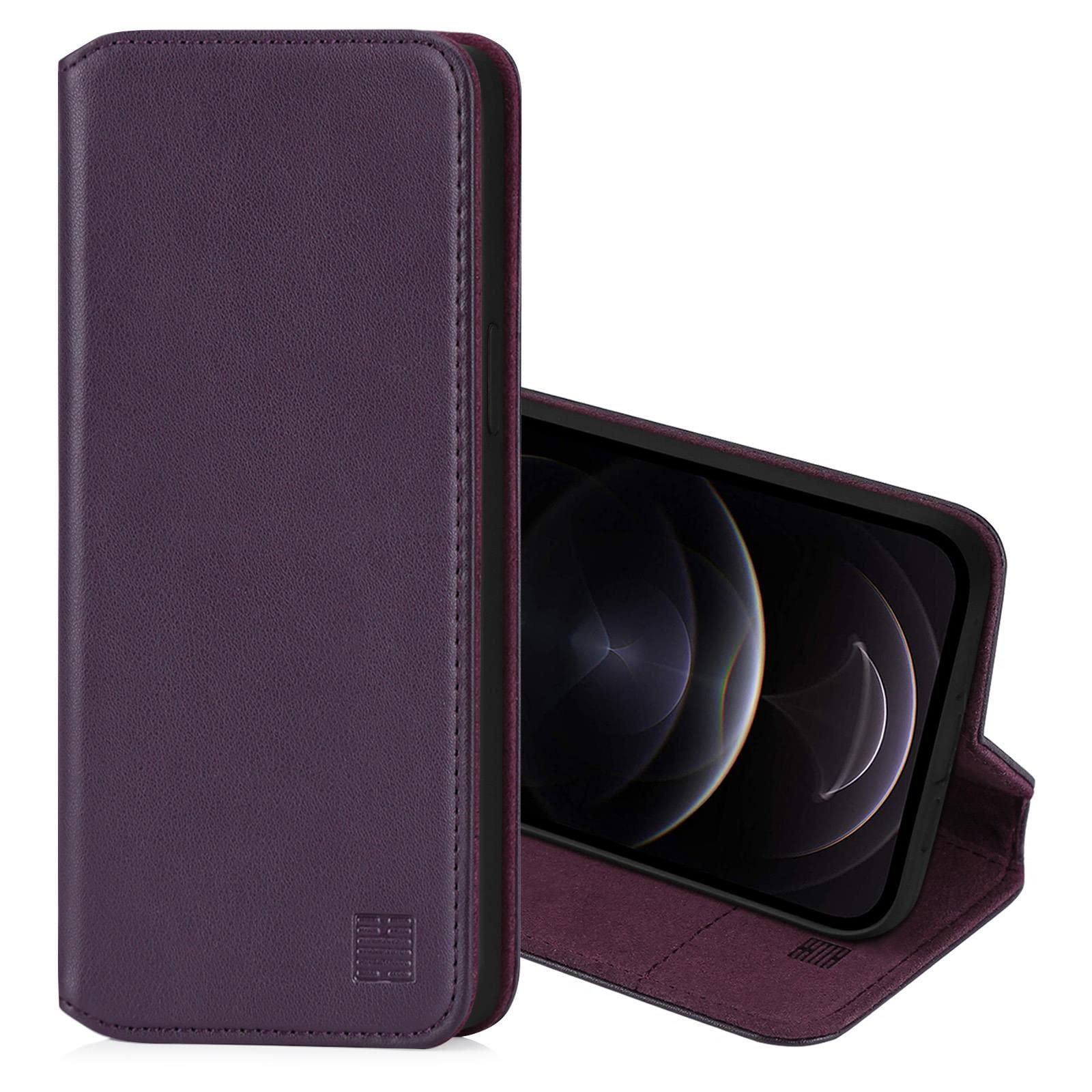 32nd Classic Series 2.0 - Real Leather Book Wallet Flip Case Cover For Apple iPhone 12 Pro Max (6.7"), Real Leather With Card Slot, Magnetic Closure and Built In Stand - Aubergine