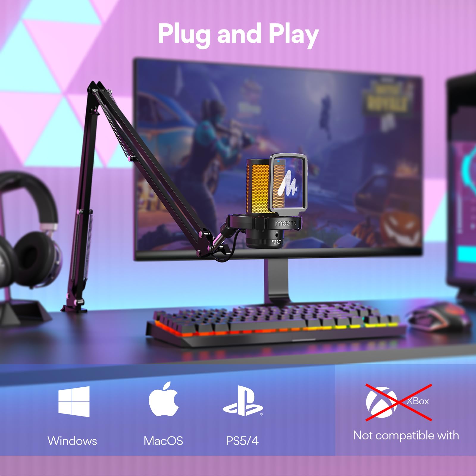 MAONO Gaming USB Microphone, Noise Cancellation Condenser Mic with Mute, Gain, Monitoring, Boom Arm Mic for Streaming, Podcast, Twitch, YouTube, Discord, PC, Computer, PS4, PS5, Mac, GamerWave DGM20S