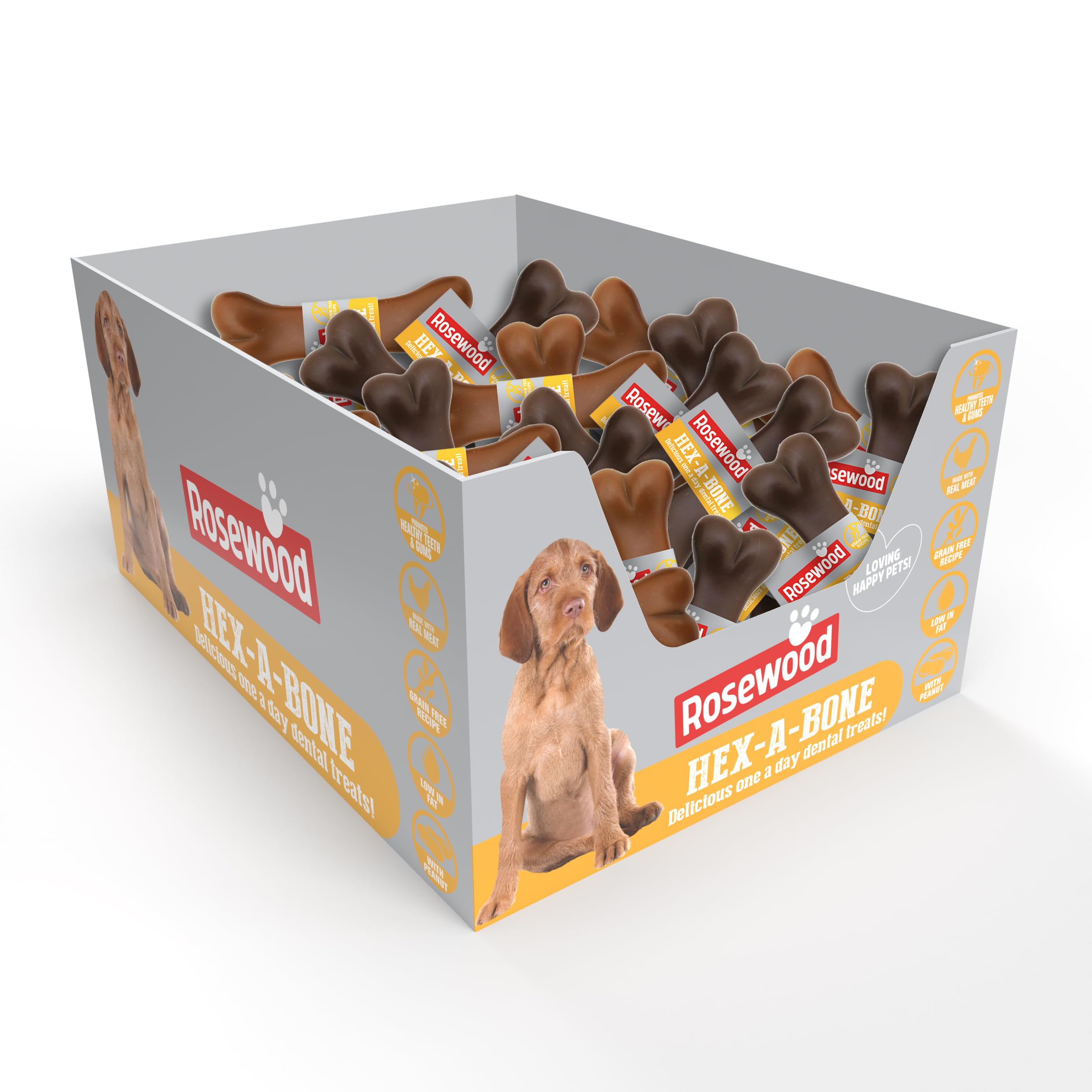 Rosewood Hex-A-Bone Dental Treats for Dogs - Box of 40 Bone Shaped Dental Chews, Made with Real Meat and Peanut, Low Fat, Grain Free, Delicious Daily Dog Treats (40 x 54g)