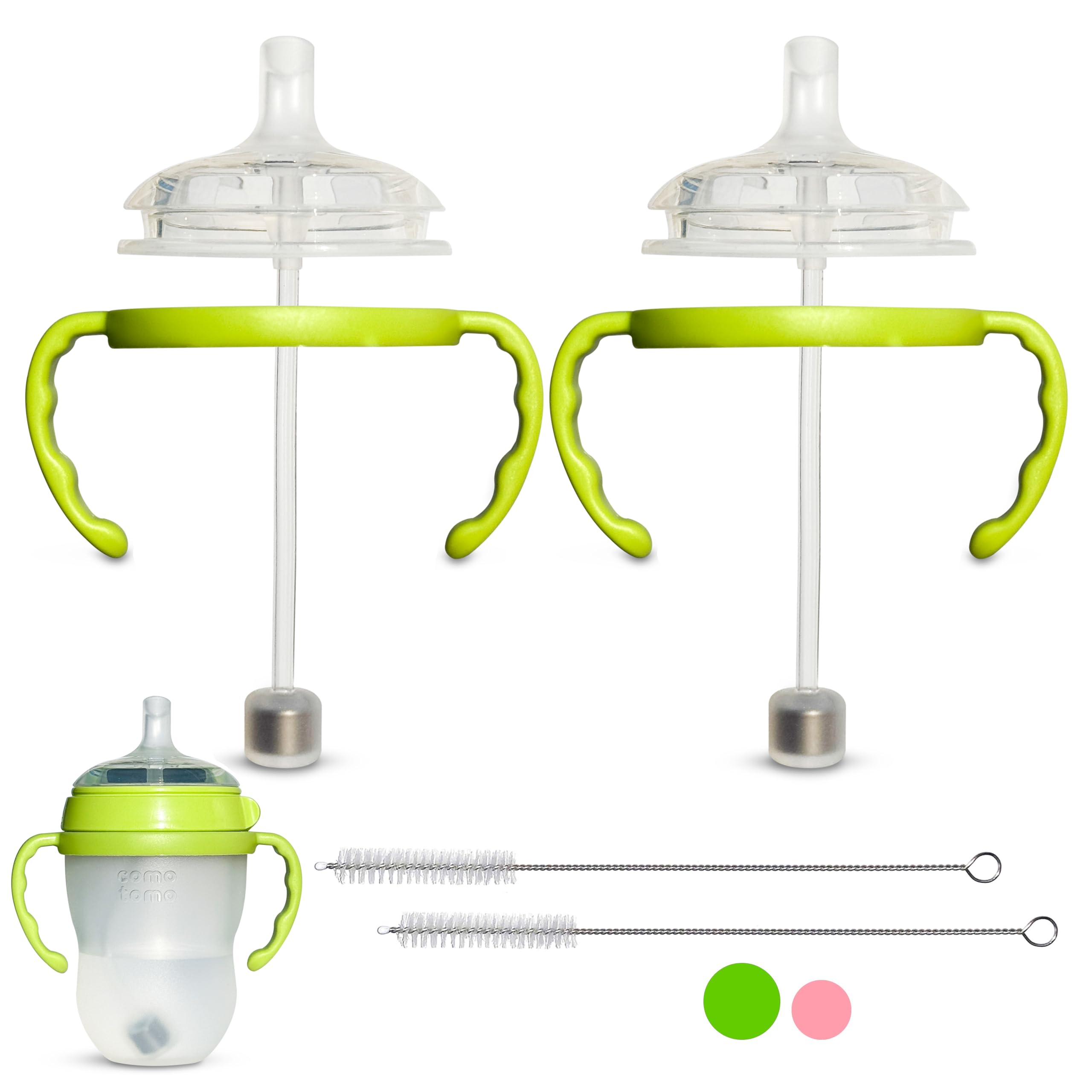 Photo 1 of Straw Cup Conversion Kit for Comotomo Baby Bottles 2-Count, Food Grade Silicone Straw Nipples, All Silicone Weighted Straw, Bottle Handles and Cleaning Brush, BPA Free, 6+ Months (Straw Top, Green)