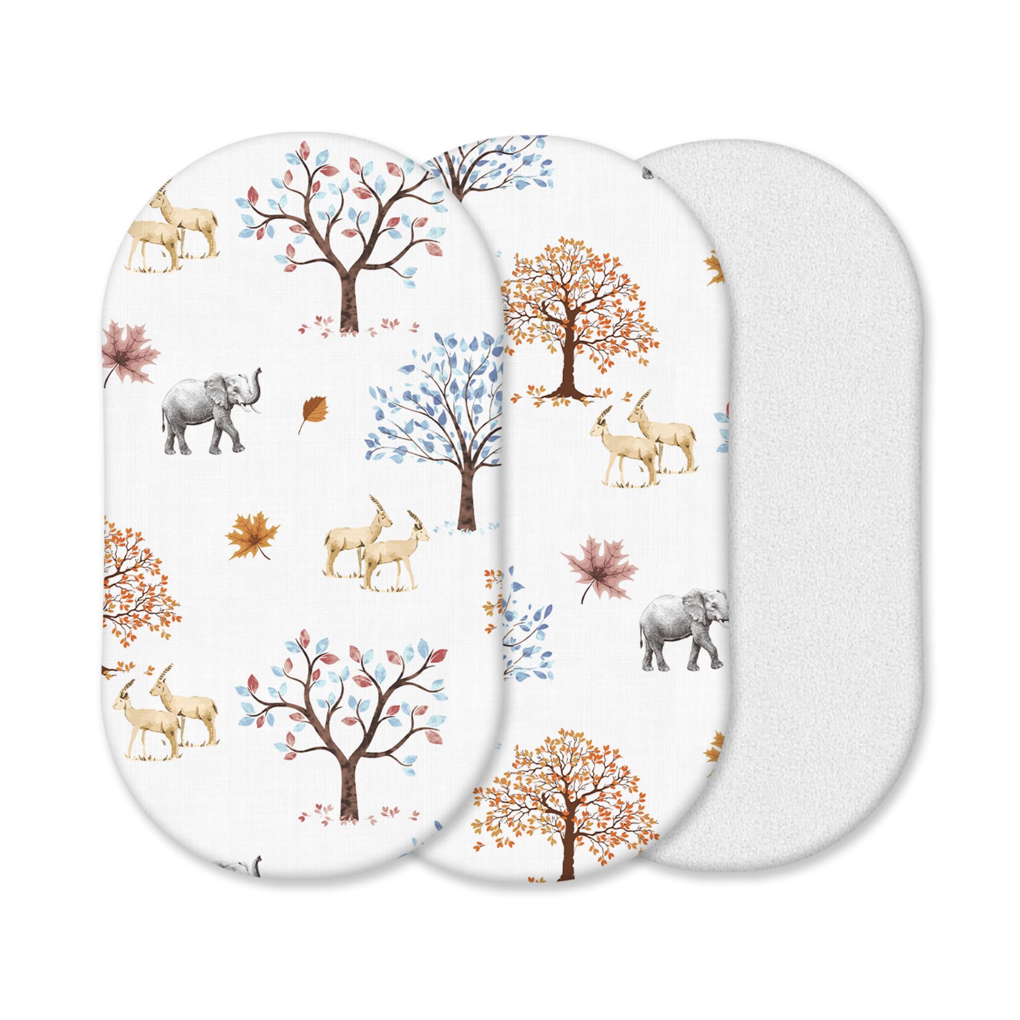 3 Pack Moses Basket Fitted Sheets | 2 Pcs 100% Cotton Fitted Sheets, 1 Waterproof Mattress Protector | Oeko-tex 100 Breathable, Soft & Antiallergic (Animals & Trees, 75 x 30 cm)