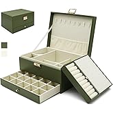 Jewelry Organizer Box, Jewelry Box Organizers for Women Girls, 3 Layers Large Leather Jewels Storage Case for Earring, Rings, Necklaces Bracelets, Big and Small Jewellery, Watch, Gift (OliveGreen)