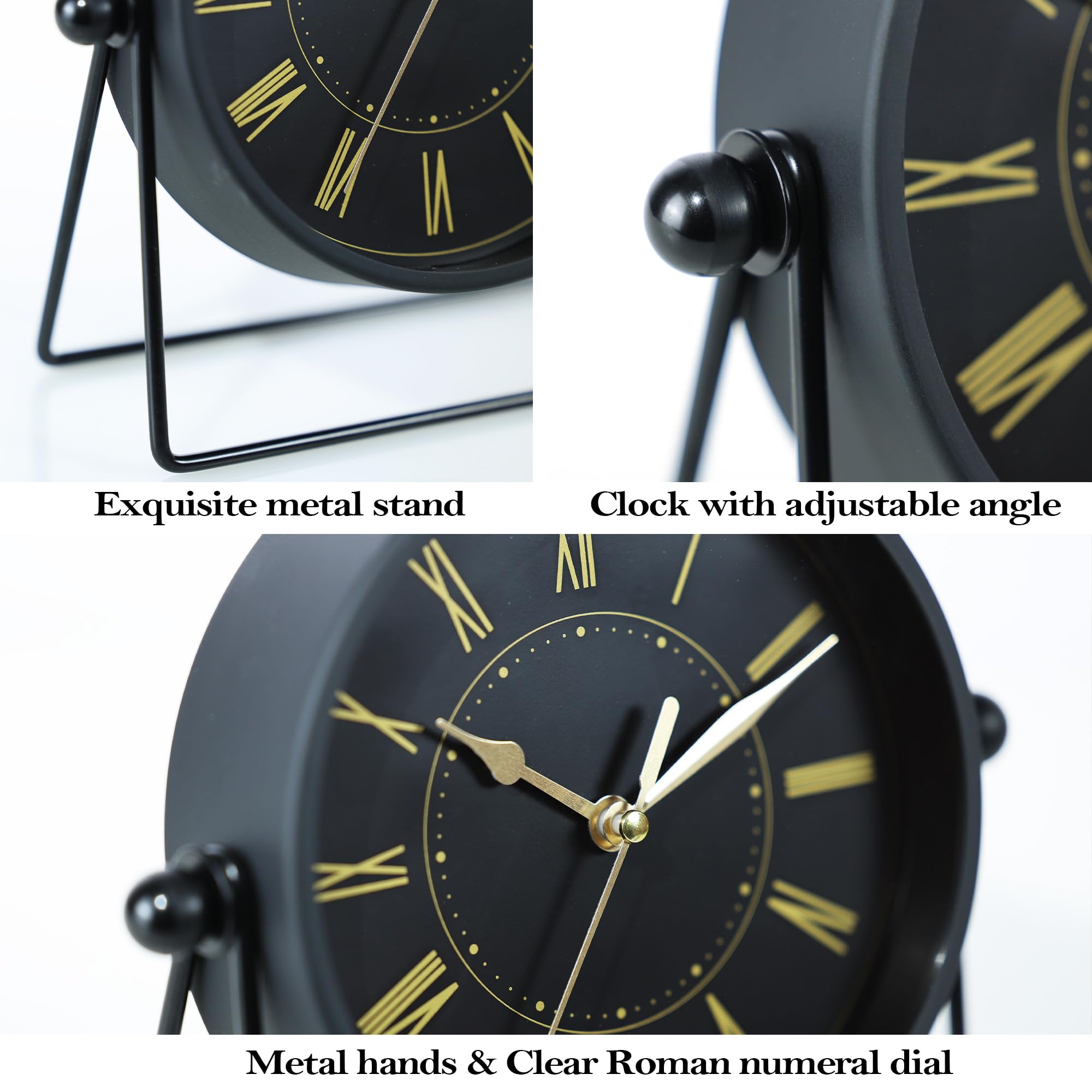 AYRELY® Vintage Metal Table Clock - Silent Non-Ticking Mantel Clock with Adjustable Angle, Retro Style Analogue Grandfather Clock for Living Room, Shelf, Fireplace & Office (Black/Gold)