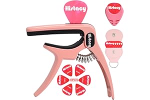 Histacy 3-in-1 Pink Guitar Capo, Vibrant Zinc Alloy Clamp with Integrated Pick Holder & Bridge Pin Puller, Includes 6 Picks a