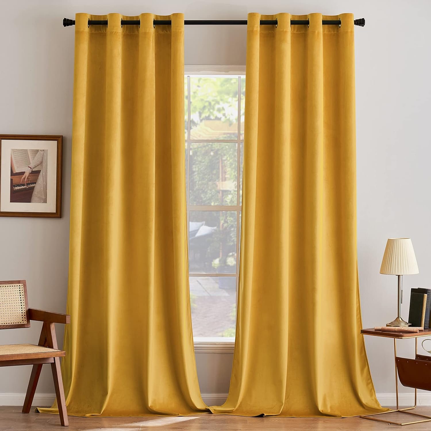 MIULEE Mustard Yellow Velvet Curtains for Bedroom 2 Panel Set 90 Inch Drop Curtains, Soft Elegent Home Decor Velvet Curtain Living Room, Sun Blocking Room Darkening Thermal Eyelet Curtain 46x90 Inch