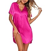 Ekouaer Women's Satin Nightshirt Button Down Sleepshirt Silk Short Sleeve Nightgown V Neck Sleepwear Night Shirts