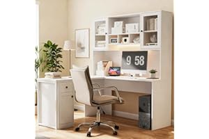 TUSY Reversible L Shaped Desk with Hutch & Storage Cabinet, 53“ Corner Desk with LED, White Computer Desk with Drawers, Home Office Desk for Small Space, Craft Desk with Storage