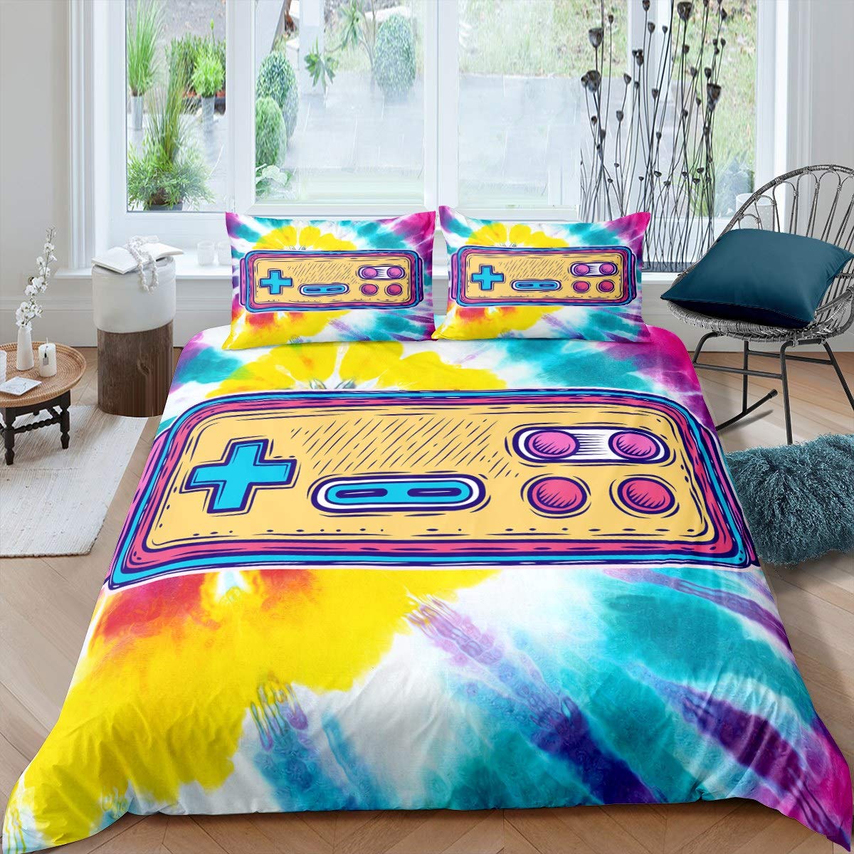 Gamepad Bedding Set - Youth Video Game Comforter & Duvet Cover for Kids Boys Girls Teens - Colorful Tie Dye Breathable Gamer Bedspread - Boho Bohemian Decor Quilt Cover - Double Size