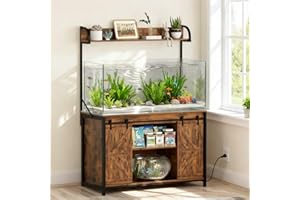 SYESWAY 55-75 Gallon Fish Tank Stand with Power Outlets, Heavy Duty Metal Frame Aquarium Stand with Barn Door, Turtle Reptile Terrariums Stand, 1000LBS Capacity, Brown