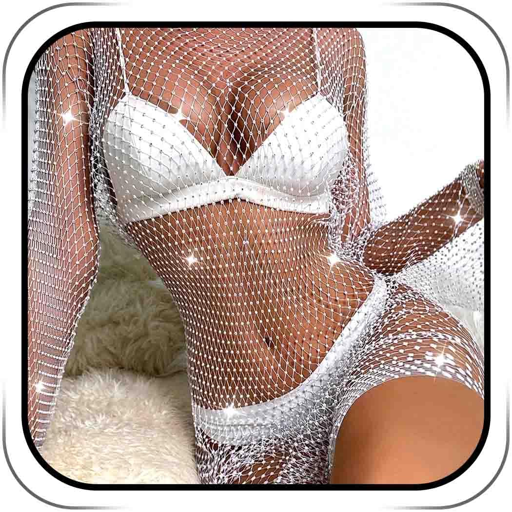 Photo 1 of Fstrend Rhinestone Mesh Dress Sparkly Crystal White Fishnet Cover Up Outfits Rave Festival EDM Outfits for Women (White-Dress-Long sleeves-Round neck)