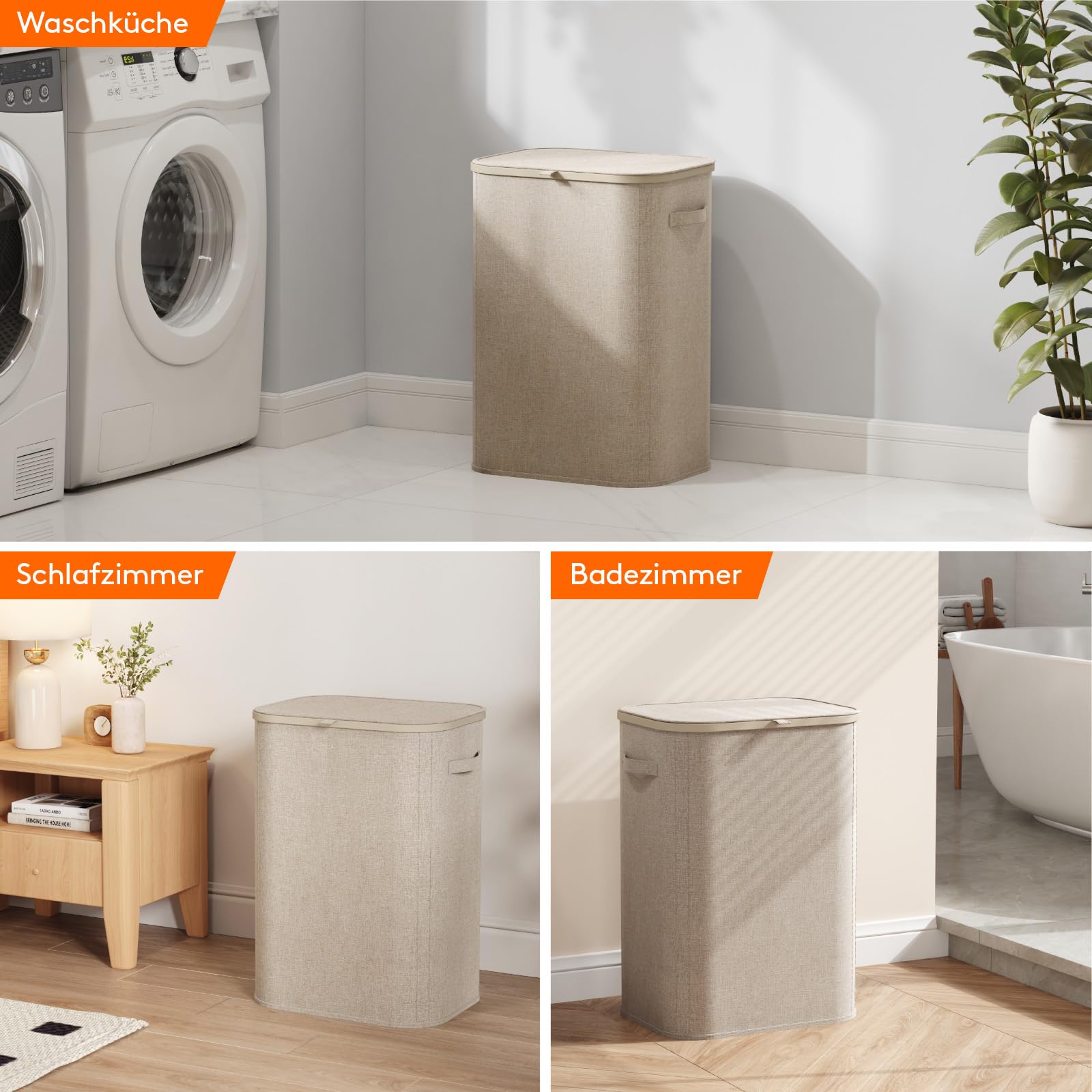 Lifewit Wäschekorb mit Deckel, 85L Wäschesammler mit Kunststoffrahmen, faltbarer großer Wäschesortierer, Wäschekörbe für Schlafzimmer, Bad, Beige 8