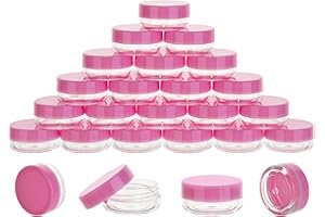HPPFFY 25 Count 3 Gram Sample Containers, Clear Lip Balm Containers with Lids, Small Plastic Sample Jars with 2 Mini Spoons, 25pcs Labels (Pink Lid)