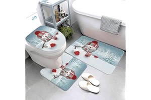 Jbofyee Cute Winter Snowman 3 Piece Bathroom Rugs Set, Bath Mat + Contour Mat + Toilet Seat Cover, Non-Slip Soft Microfiber Christmas Greeting Bathmat for Tub Shower Room Decor, Machine Washable
