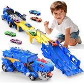 TIAONIAO Dinosaur Storage Truck Toy Swallowing Metal Car Transform into Stomping with Eject Cars Race Track Transporter Toddler Toys Gifts 3 4 5 Year Old Boys Girls (Blue)