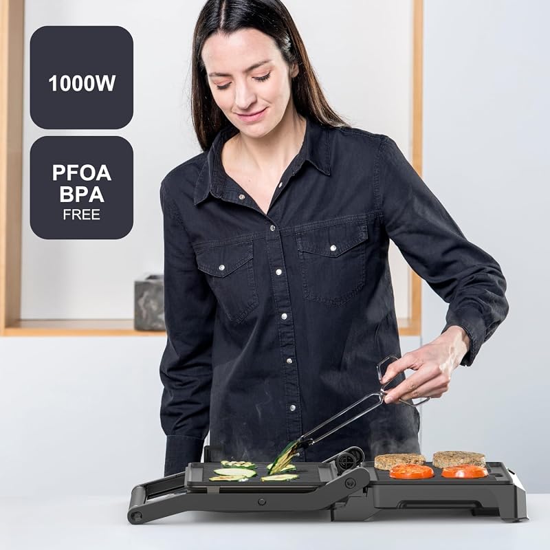 - Parrilla Grill 1000W, Apertura 180°, Antiadherente, Plancha
