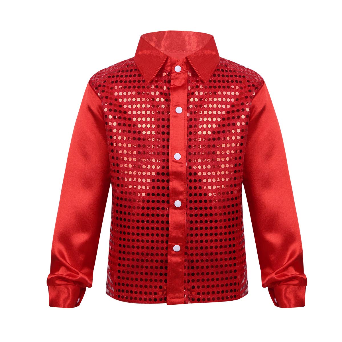 YOOJIA Kids Boys Shiny Sequined Long Sleeves T Shirts Jacket Night Club Hip Hop Jazz Modern Dance Tops Blouse Red 5-6 Years