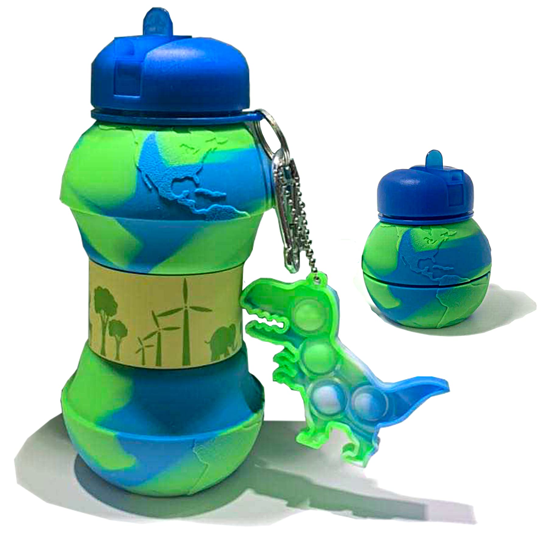 CARESWAY Kids Water Bottle with Keyring – 500 ml Girls and Boys Drinking Bottle For School - Leakproof Collapsible Reusable BPA Free for Children Drinks – Earth Globe