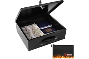 POLSPAG Fireproof Document Box with Key Lock & Fireproof Money Bag,Safe Storage Box for Valuables,Fire Resistance Security Chest,Fireproof Box for Documents,Passport Extra Large (Black, Large)