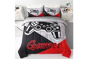 KAKKI 5 Piece Boys Full Gamer Comforter Set with Sheets, 3D Colorful Video Game Controller Comforter for Kids Teen, All Season Soft Microfiber Gaming Bedding Set(Red,Full)