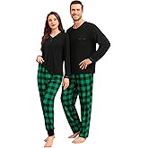 SWOMOG Couples Pajama Set Long Sleeve and Plaid Pants with Pockets Pjs Soft Sleepwear Lounge Set