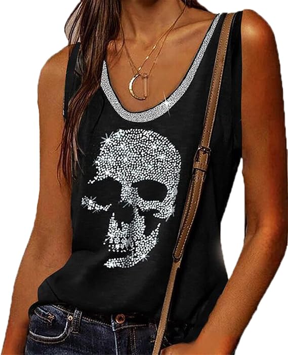 Women's Skull Diamante Rhinestones Design Tank Top Punk Rock Fashion