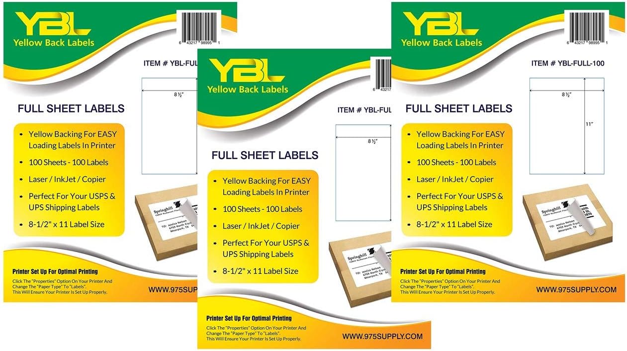 YBL Full Sheet Shipping and Mailing Labels, 8.5 x 11 inches (100 Labels) (300 Sheets - 300 Labels)