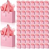 Zhanmai 100 Pcs 4.7 x 2.4 x 3.9 Mini Gift Bags Bulk with Tissue Paper Kraft Paper Bag with Handle Gift Tag for Birthday Party, Valentines Day, Baby Shower, Wedding, Mother's Day (Pink)