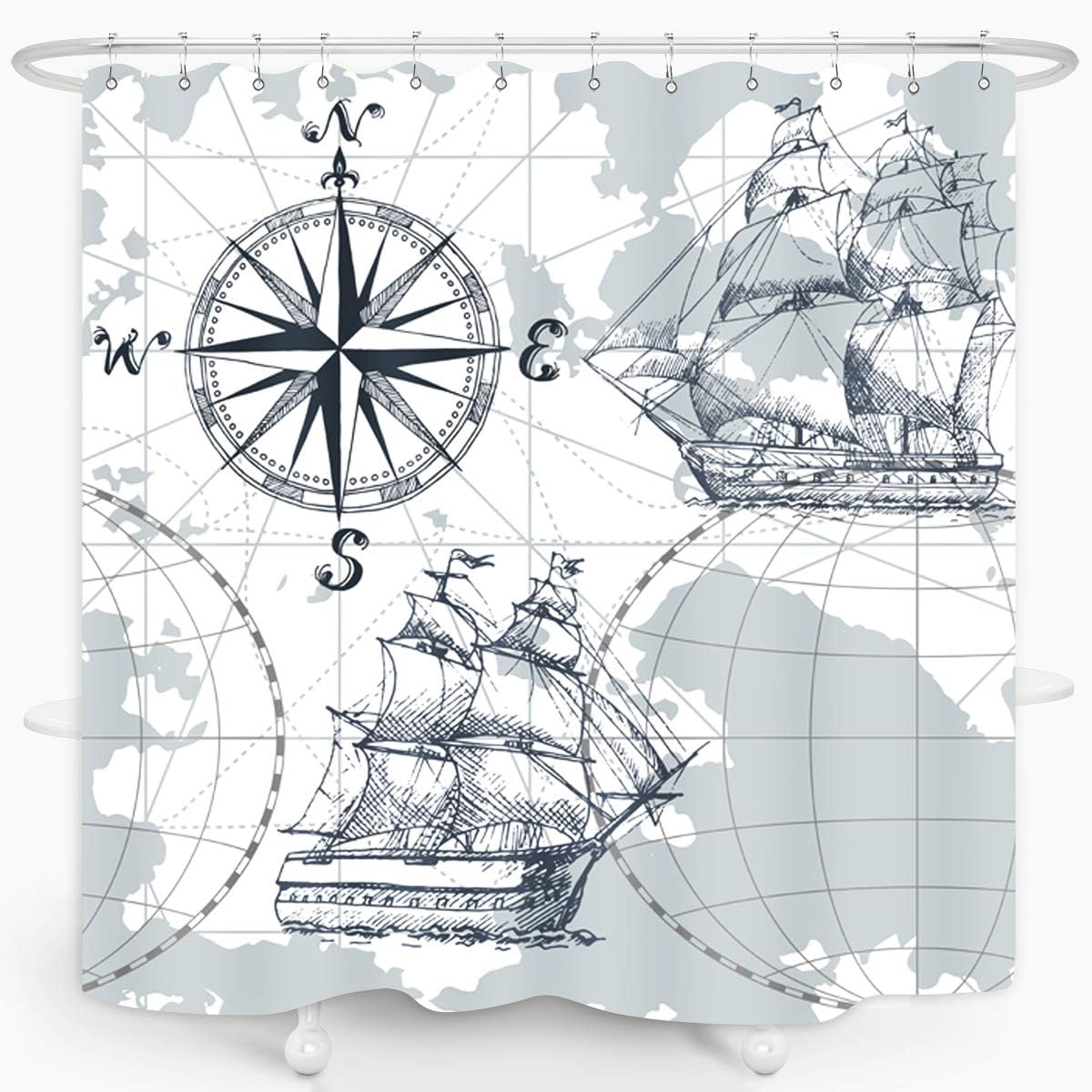 Amazon Com Nautical Sailboat Map Shower Curtain Modern Compass Rose Grey Sketch Ship Boat Anchor Waterproof Fabric Bathroom Decor Set 72x72 Inch Plastic Hooks 12 Pcs Home Kitchen