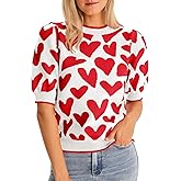 Saodimallsu Womens Puff Short Sleeve Heart Sweater Valentines Crew Neck Graphic Knit Pullover Crop Tops