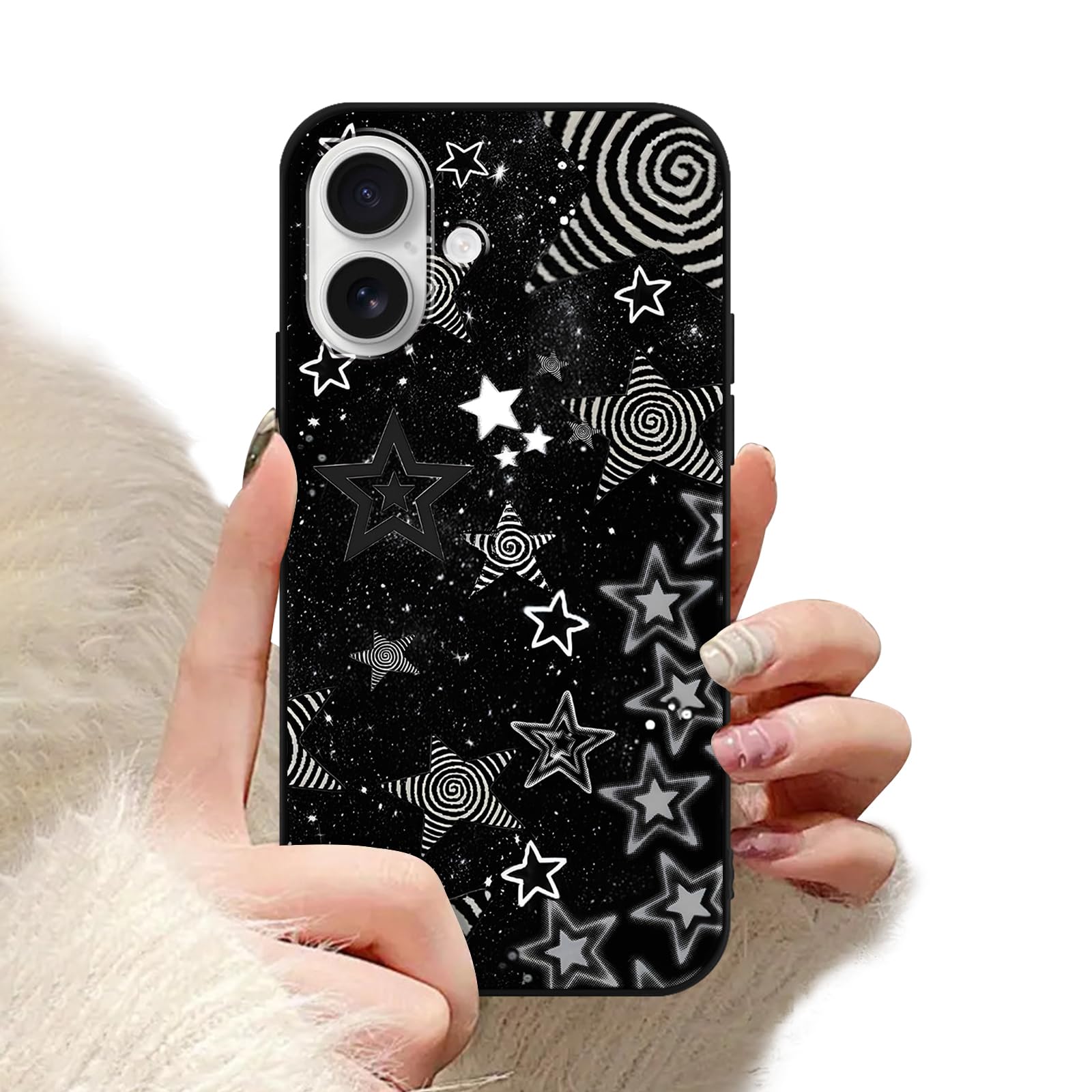 Photo 1 of Vulfwela for iPhone 16 6.1'' Cute Cool Black Star Phone Case, Aesthetic Trendy Y2K Stars Silicone Matte Pattern Design Phone Cover Soft Slim Frame TPU Protective Shockproof Case for Women Girl