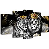 OuElegent 5 Piece Lion and Lioness Canvas Wall Art King and Queen with Golden Crown African Animal Painting Artwork for Living Room Bedroom Framed Ready to Hang