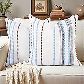 Lunofox Boho Throw Pillow Covers 18x18 Set of 2, Soft Chenille Striped Decorative Cushion Covers for Couch Sofa Bedroom Living Room, Neutral Blue Brown White