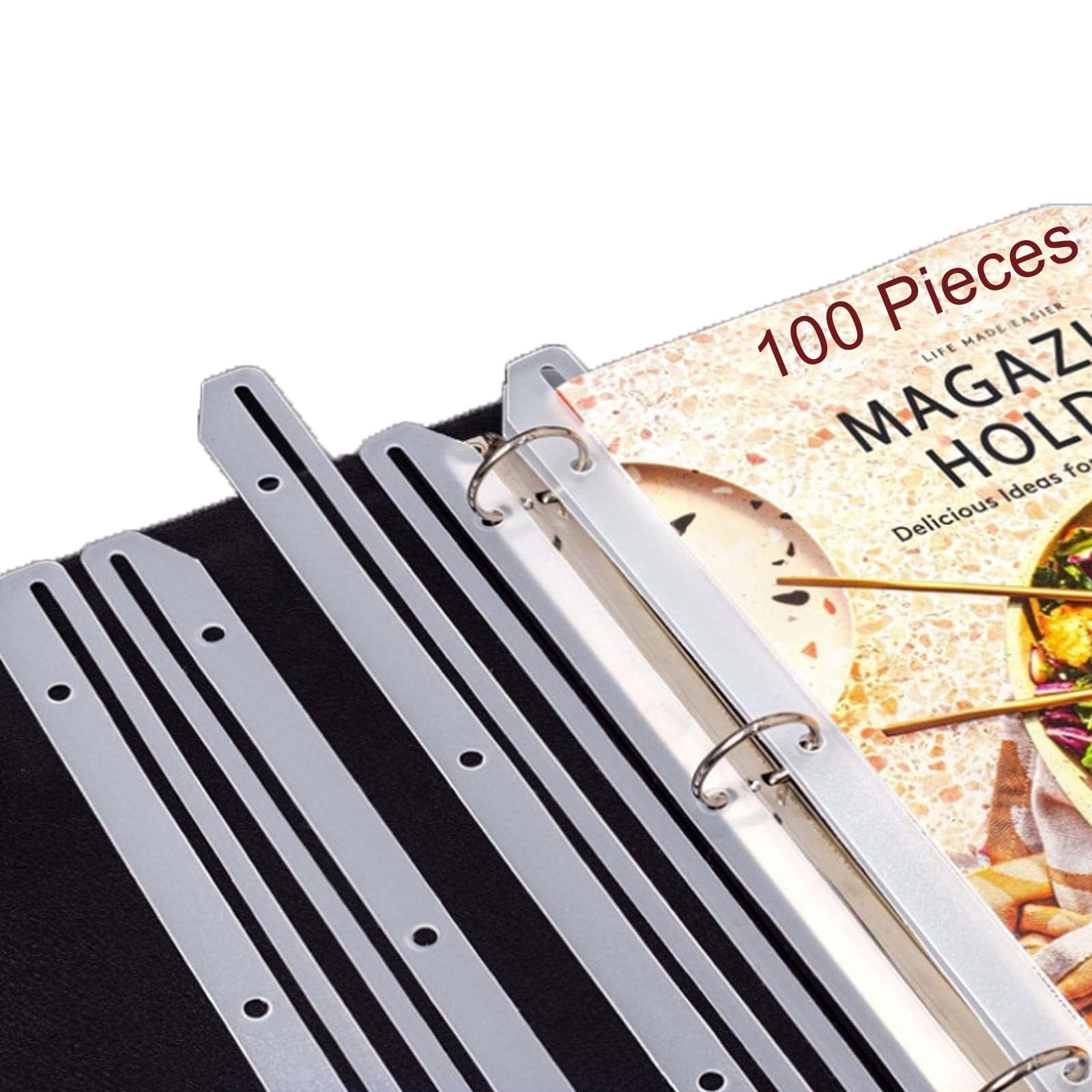 Photo 1 of 100 Pack 3 Hole Punched Magazine Holders, Magazine Organizer, 3 Ring Plastic Binder Insert Strips for File Book Paper Magazine Collector, Translucent White