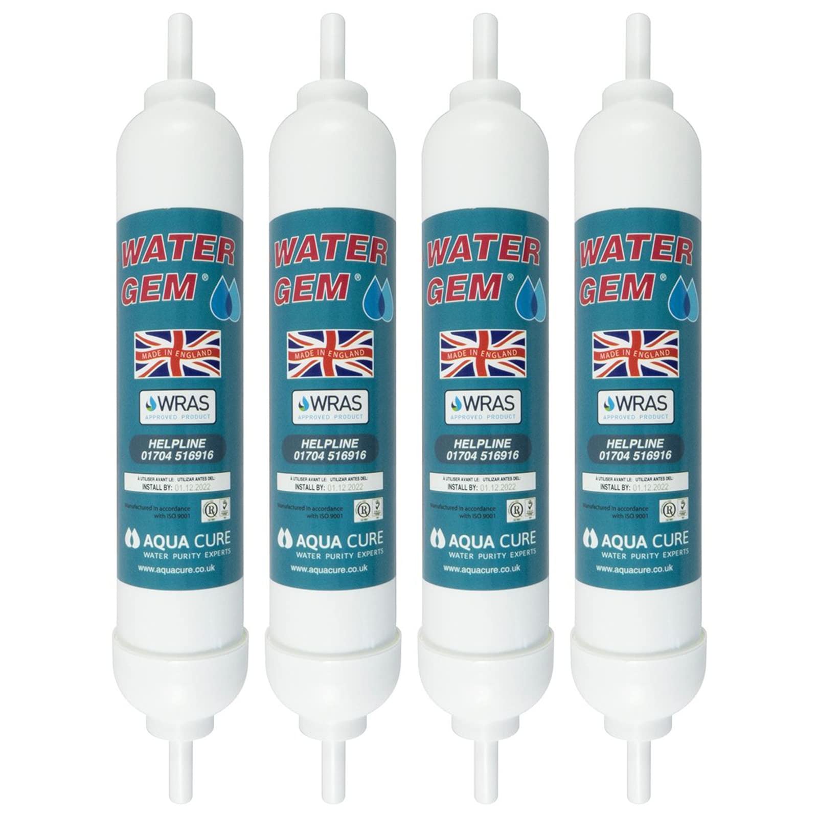 Water Gem Under Sink Filter System Replacement Inline Filter | Kitchen Tap Water Filter Cartridge | Universal 3/8" Male Stem Filter for Chlorine, Taste, Odour and Scale (4 Pack)