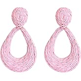 Chanaiqw Teardrop Handmade Statement Raffia Earrings Cute Boho Rattan Dangle Earrings Lightweight Straw Wrap Summer Drop Dangling Earrings for Women