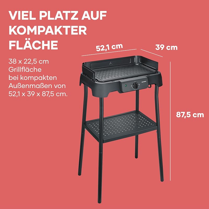 Tischgrill mit Standfuß, Standgrill & Tischgrill (Innen- & Außennutzung), Balkon & Küche, Temperaturen 40-220°C, schnelles Aufheizen, 39x23cm, leichte Reinigung, 2000W, schwarz, PG 8596