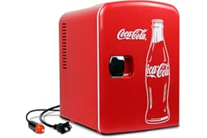KOOLATRON Coca-Cola Classic Coke Bottle 4L Mini Fridge w/ 12V DC and 110V AC Cords, 6 Can Portable Cooler, Personal Travel Refrigerator for Snacks Lunch Drinks Cosmetics, Desk Home Office Dorm, Red
