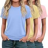 LessonZoo 3 Pack Girls Short Sleeve T Shirts Kids Crewneck Rolled Cuffs Fashion Shirts Summer Casual Basic Tees Tops 5-14 Y