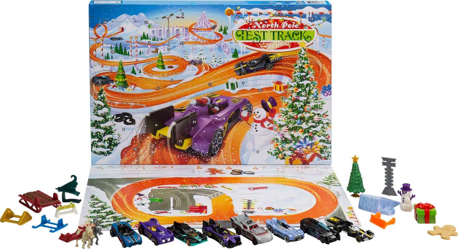 Hot Wheels Advent Calendar with 24 Surprises that Include 8 1:64 Scale Vehicles & Other Cool Accessories, Plus a Play Pane Mat, for Collectors & Kids 3 Years Old & Up, GTD78
