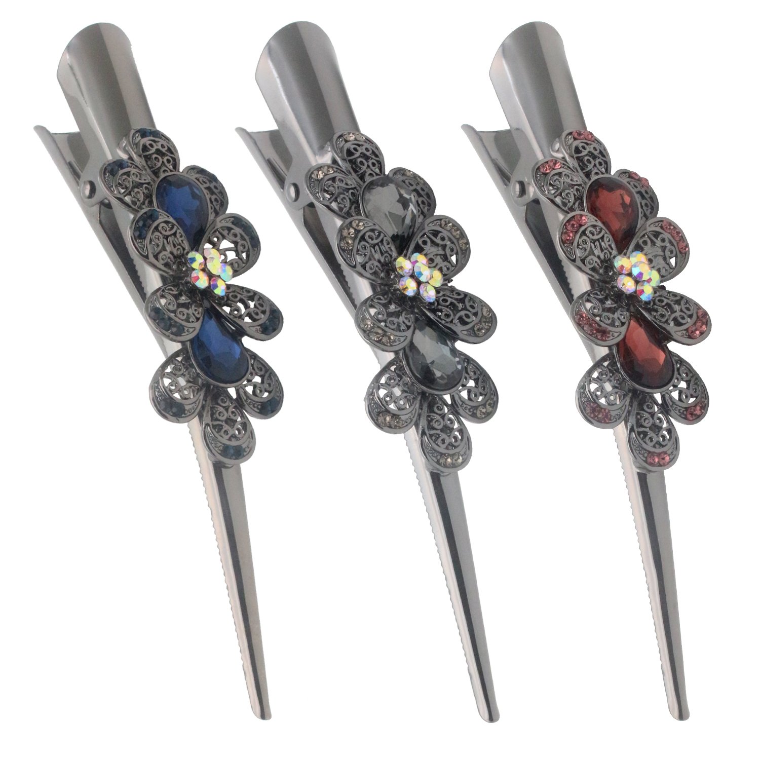 HOLLIHI Set of 3 Large Metal Alloy Alligator Sectioning Clips for Women and Girls - Pretty Strong Clamp Hair Pins Non-Slip Hair Grips Accessories for Thick Hair, Silver Gray (Clover)