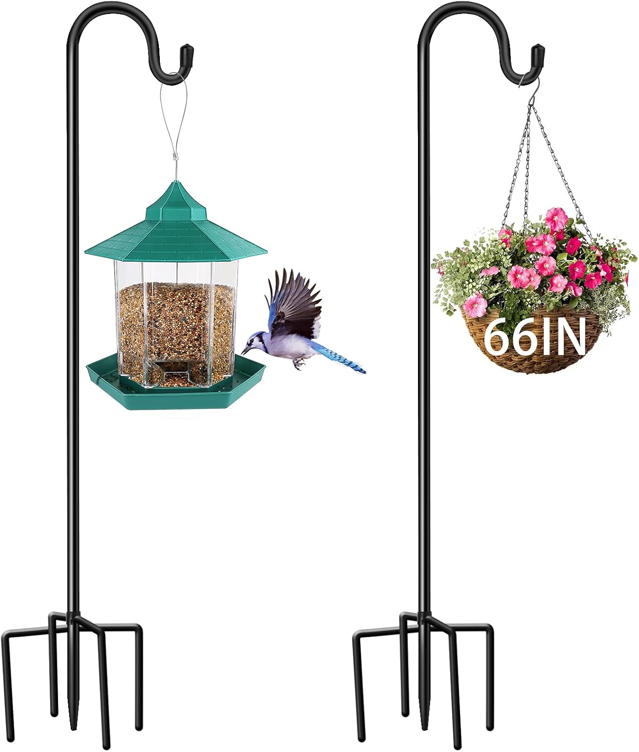 Outdoor Shepherd's Hooks - 2 Pack Shepherds Hook, 66inch Tall Bird Feeder Stand with 5 Prongs Base Stainless Steel Garden Hanging Holder for Outdoor Planter Lanterns Weddings Decor