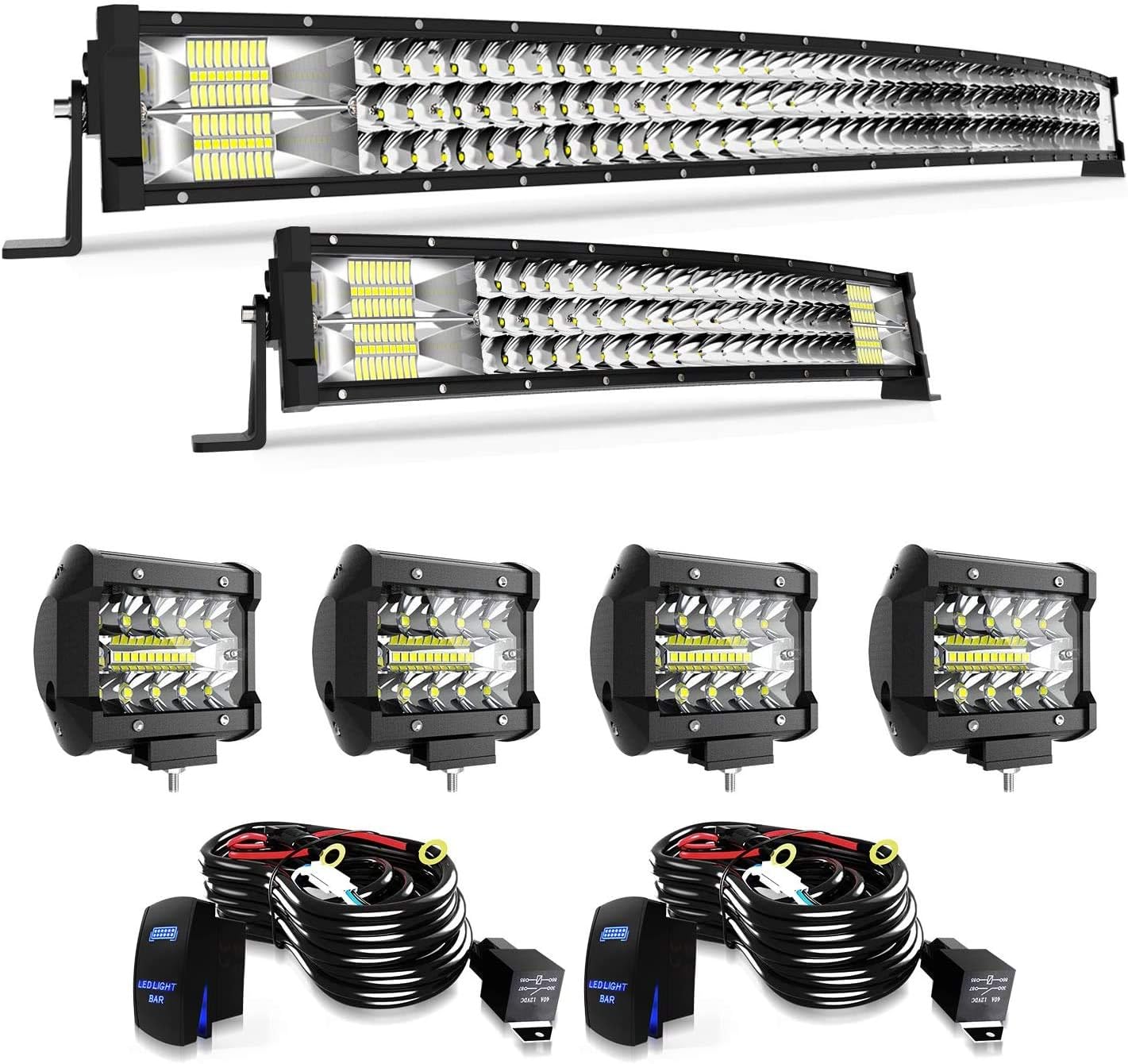 42Inch 576W Curved Led Light Bar + 22Inch 306W Led Light Bar Triple Row + 4Pcs 4Inch 60W Led Lights W/Rocker Switch Wiring Harness for Trailer Boat SUV ATV Jeep Wrangler Dodge Chevy Ford Tractor Toyo