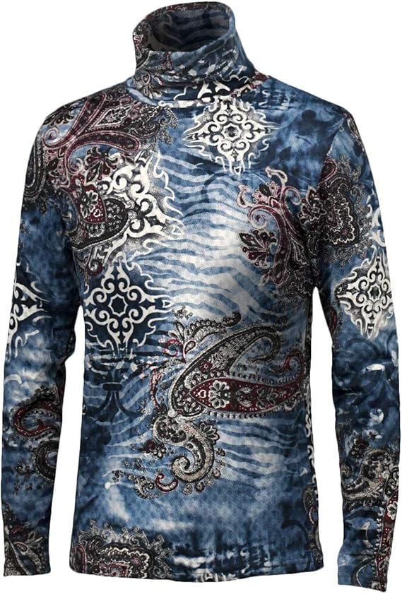 Amazon Black Varia タートルネック ペイズリー柄 和柄 ムラ ゼブラ ハイネック カットソー メンズ 長袖 ネイビーブルー 1636 M Tシャツ カットソー 通販