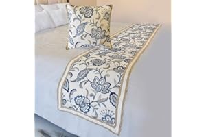 The HomeCentric King/Queen/Twin Blue Designer Twin 53"x18" Bed Runner with Pillow Cover, Floral, Embroidered, Jute Lace & Lace Bed Scarf on Cotton Fabric - Morning Glories